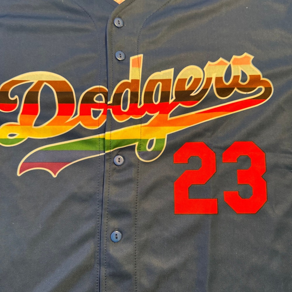 LA Dodgers Pride Night Jersey Blue Rainbow 2023 LA Pride Baseball Shirt Mens XL - Picture 2 of 7